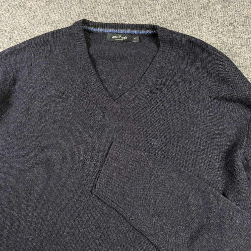 James Pringle Sweater Mens XXL Navy Blue Pure New Wool V-Neck Knit Pullover